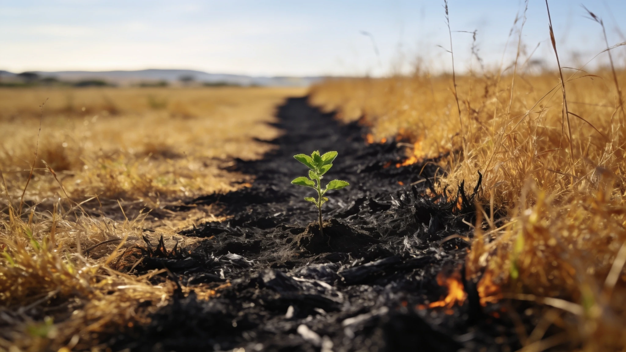 A burnt firebreak strip cut across dry Highveld veld in late winter, with the first green of spring showing at its edge. Care Net Consultants, September 2026 newsletter: The Firebreak.